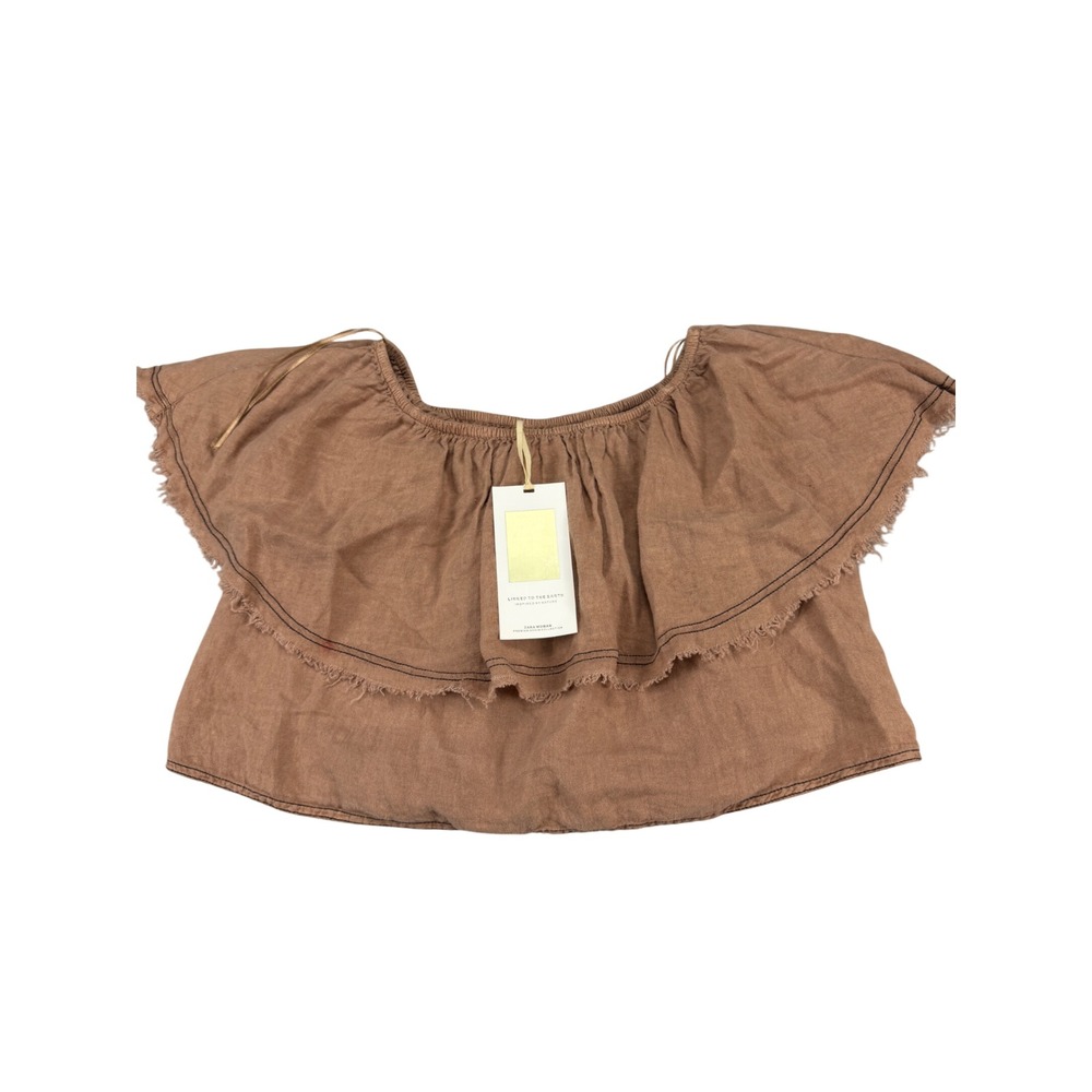 Zara Woman Premium Denim Collection Brown 100% Linen Ruffle Crop Top XS 2488/040